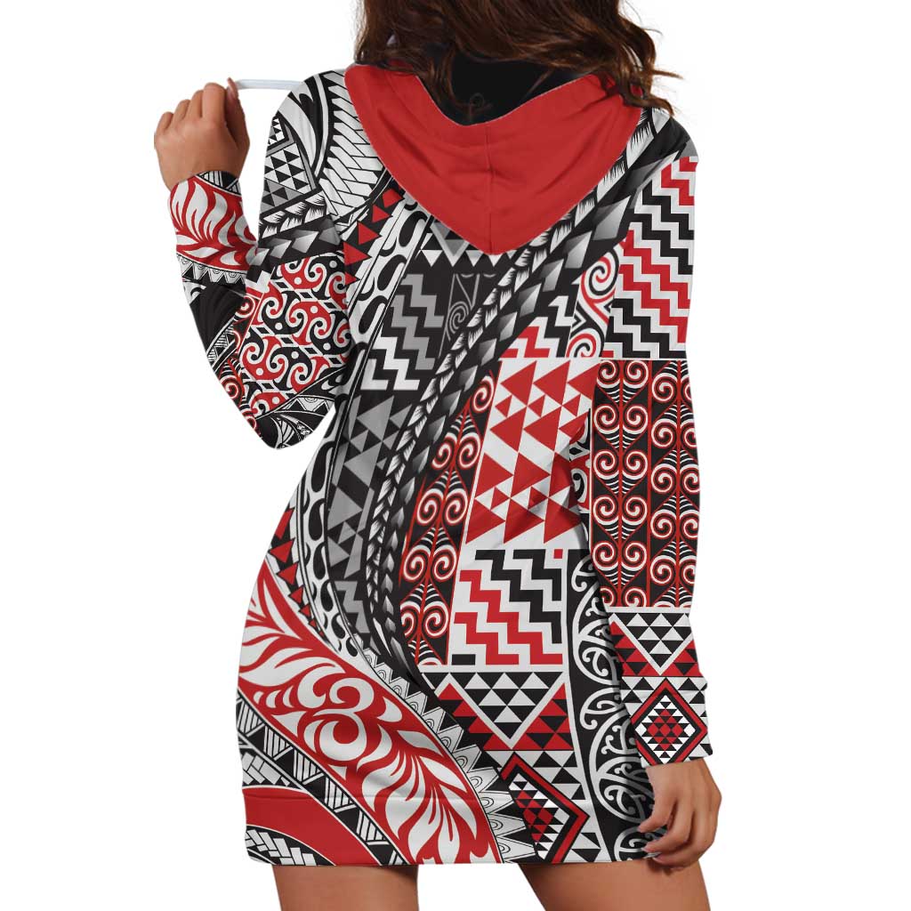 Aotearoa Maori Tribal Tattoo Hoodie Dress Kowhaiwhai Taniko Patchwork Motifs