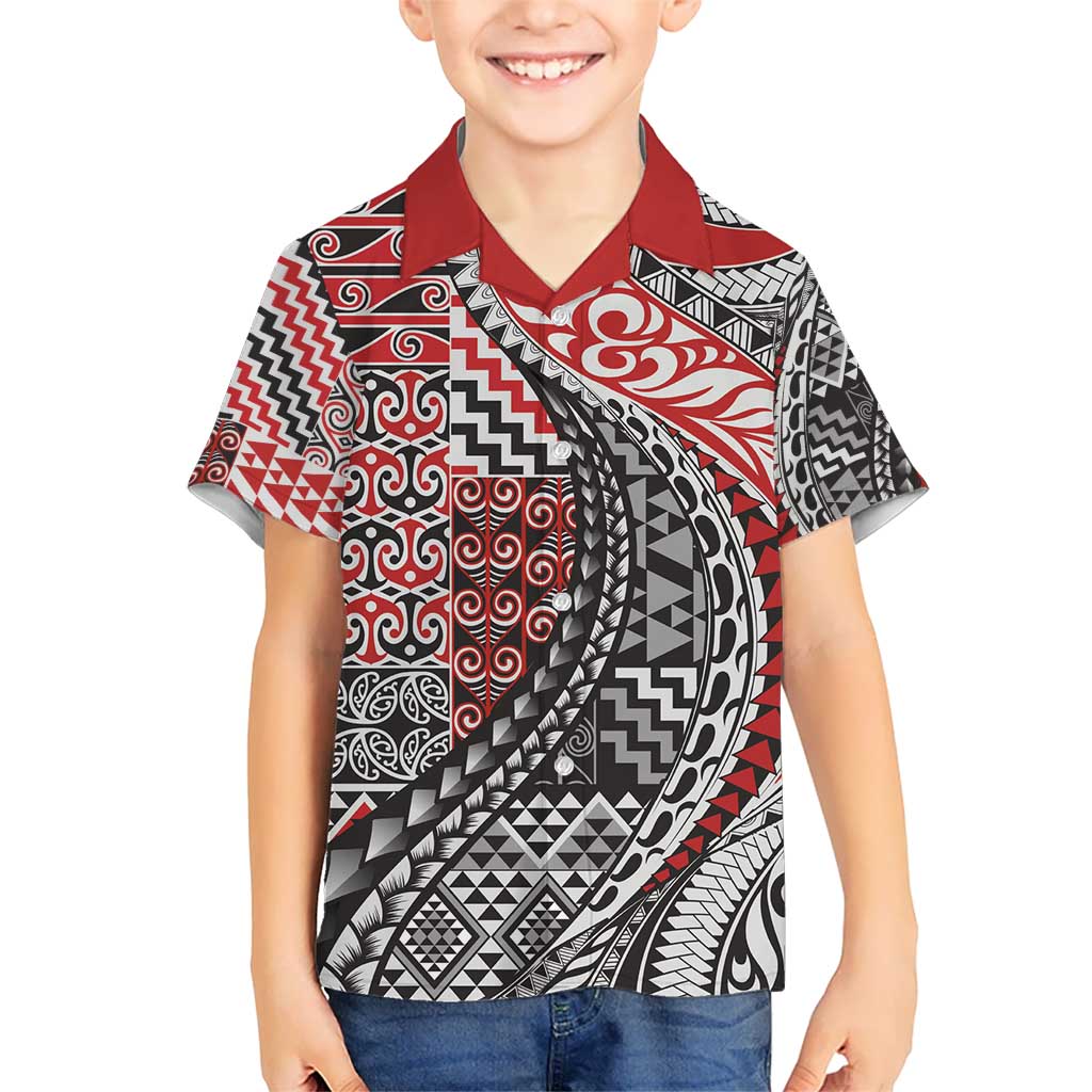 Aotearoa Maori Tribal Tattoo Kid Hawaiian Shirt Kowhaiwhai Taniko Patchwork Motifs LT9 Kid Red - Polynesian Pride