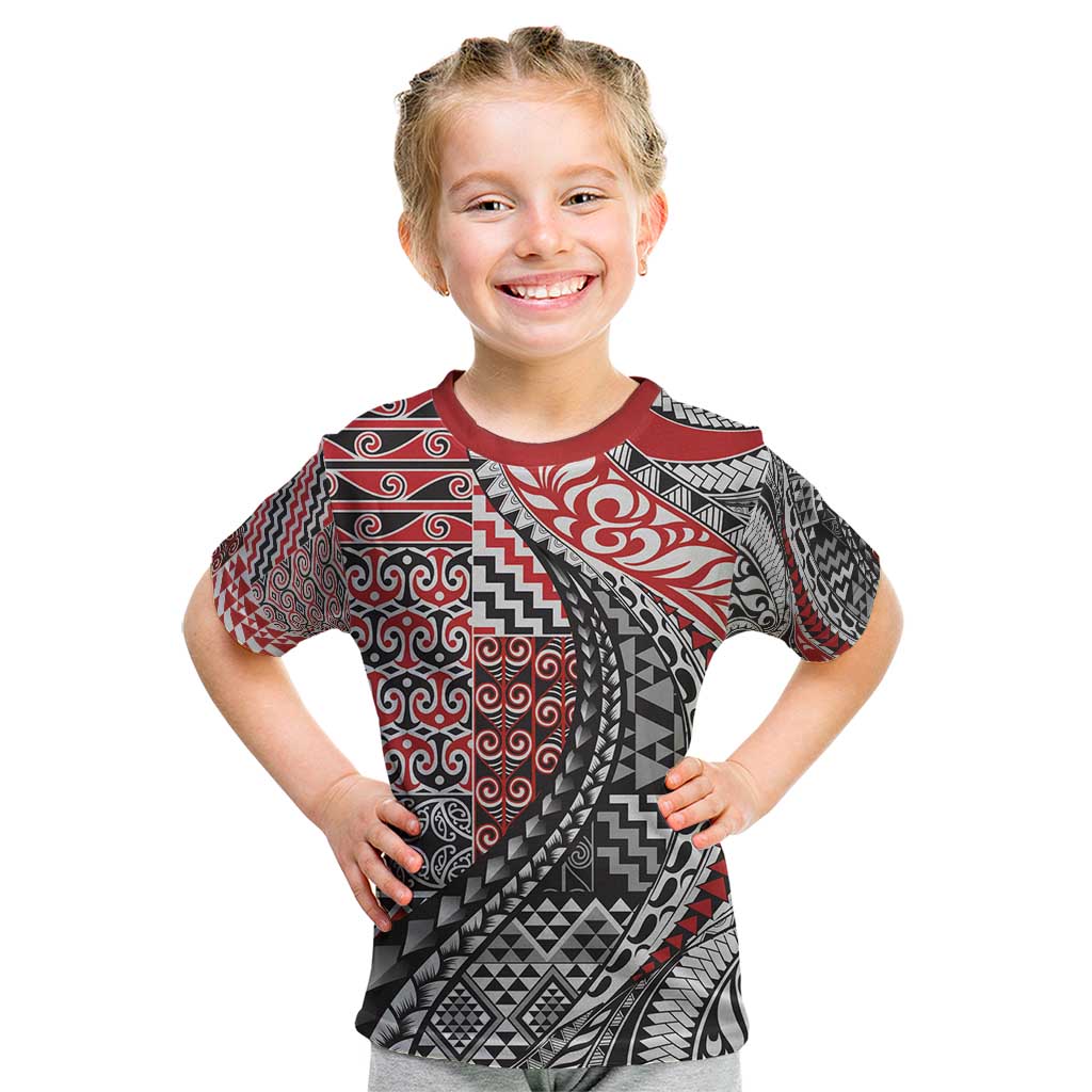 Aotearoa Maori Tribal Tattoo Kid T Shirt Kowhaiwhai Taniko Patchwork Motifs LT9 Red - Polynesian Pride
