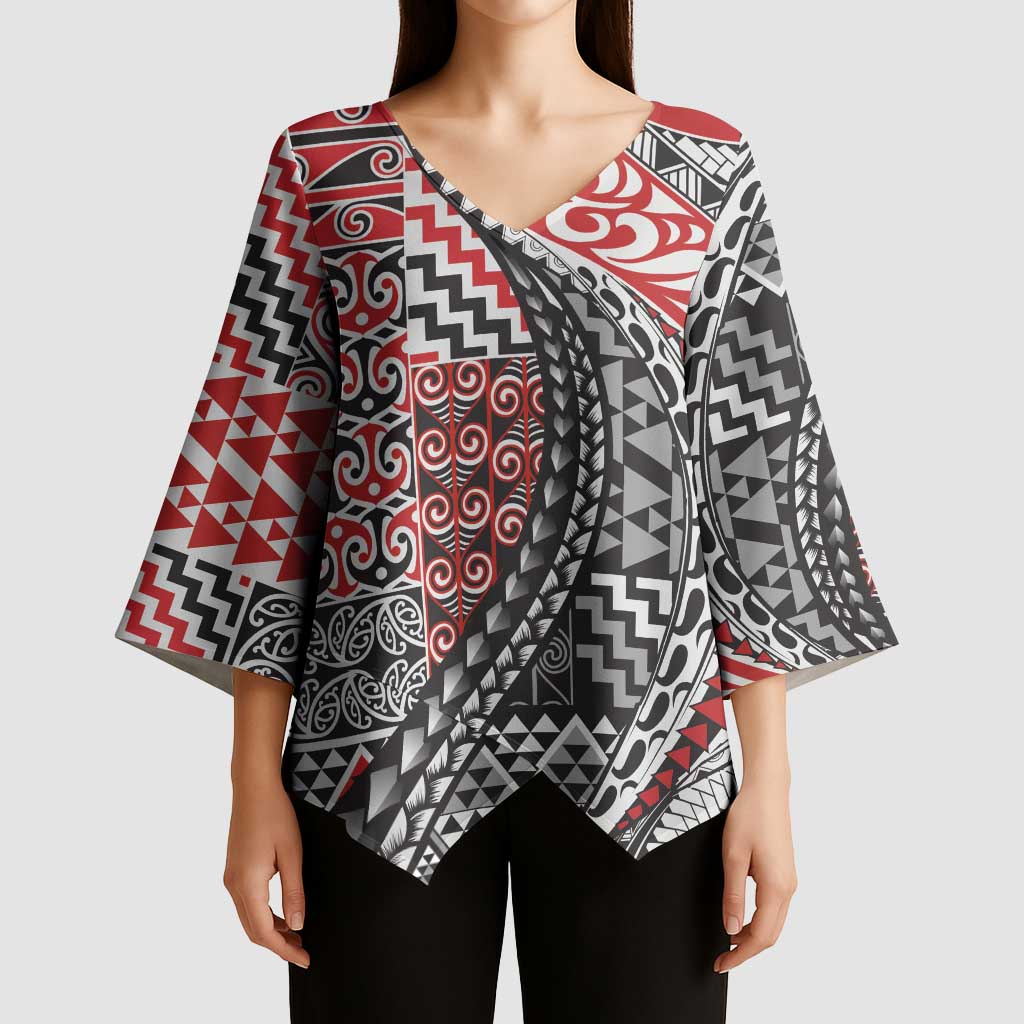 Aotearoa Maori Tribal Tattoo Kimono Sleeve Blouse Kowhaiwhai Taniko Patchwork Motifs - Polynesian Pride