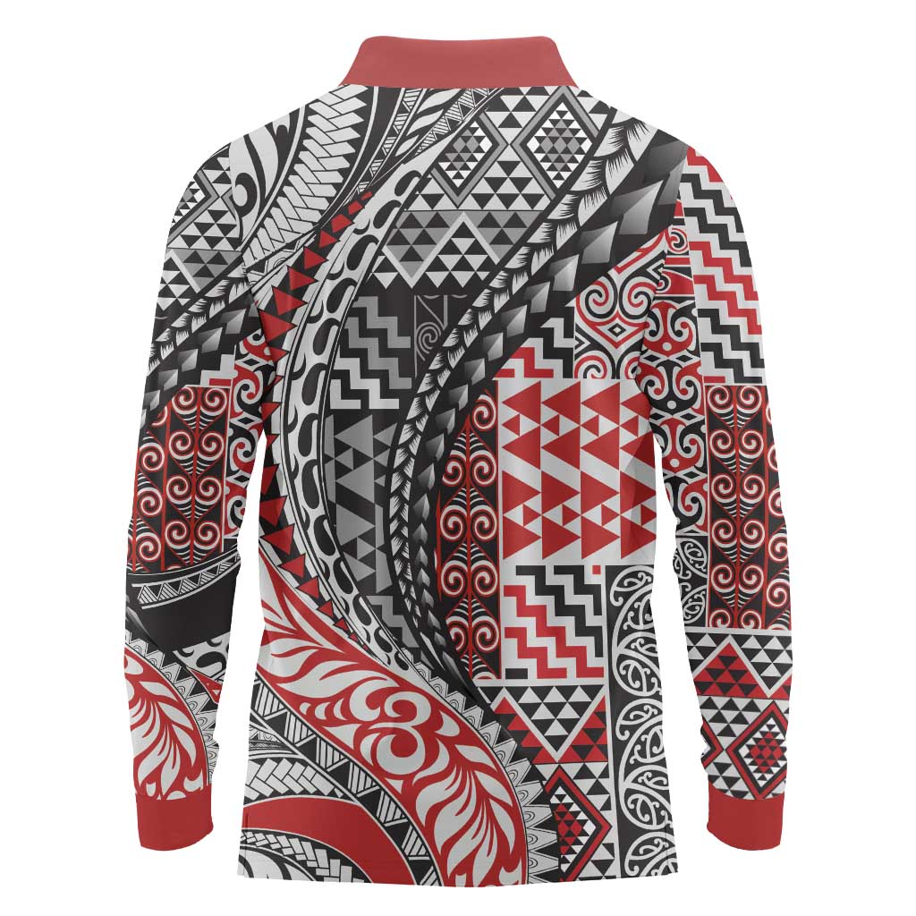 Aotearoa Maori Tribal Tattoo Long Sleeve Polo Shirt Kowhaiwhai Taniko Patchwork Motifs