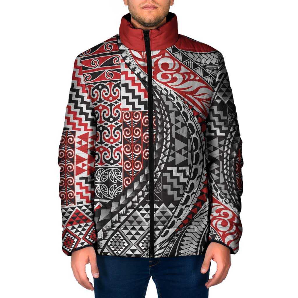 Aotearoa Maori Tribal Tattoo Padded Jacket Kowhaiwhai Taniko Patchwork Motifs - Polynesian Pride