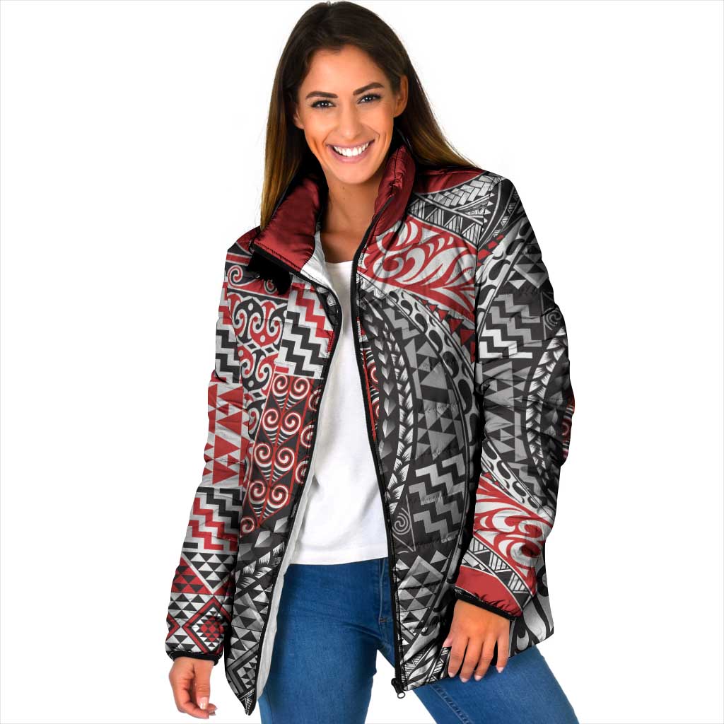Aotearoa Maori Tribal Tattoo Padded Jacket Kowhaiwhai Taniko Patchwork Motifs - Polynesian Pride
