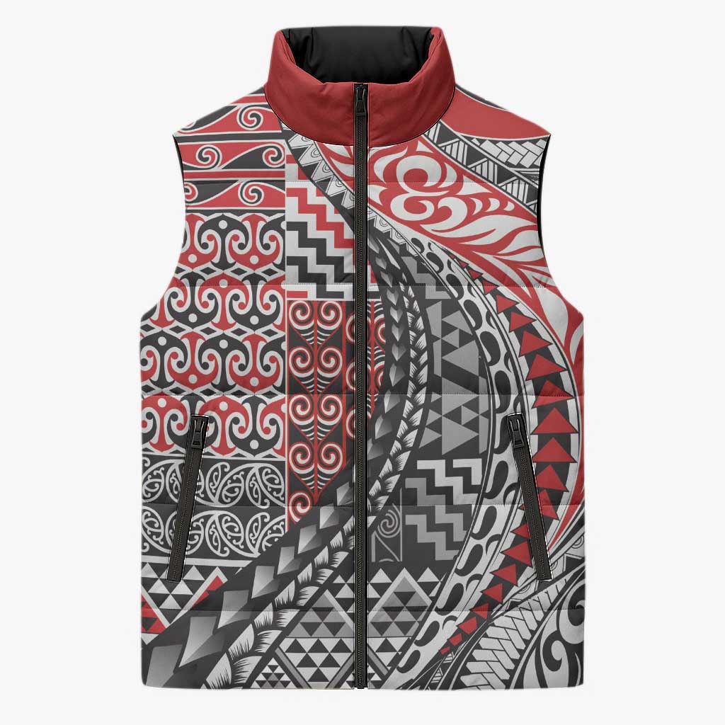 Aotearoa Maori Tribal Tattoo Sleeveless Puffer Jacket Kowhaiwhai Taniko Patchwork Motifs - Polynesian Pride