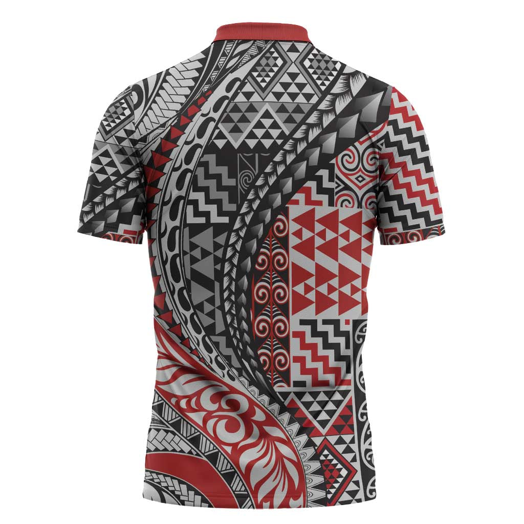 Aotearoa Maori Tribal Tattoo Zipper Polo Shirt Kowhaiwhai Taniko Patchwork Motifs - Polynesian Pride