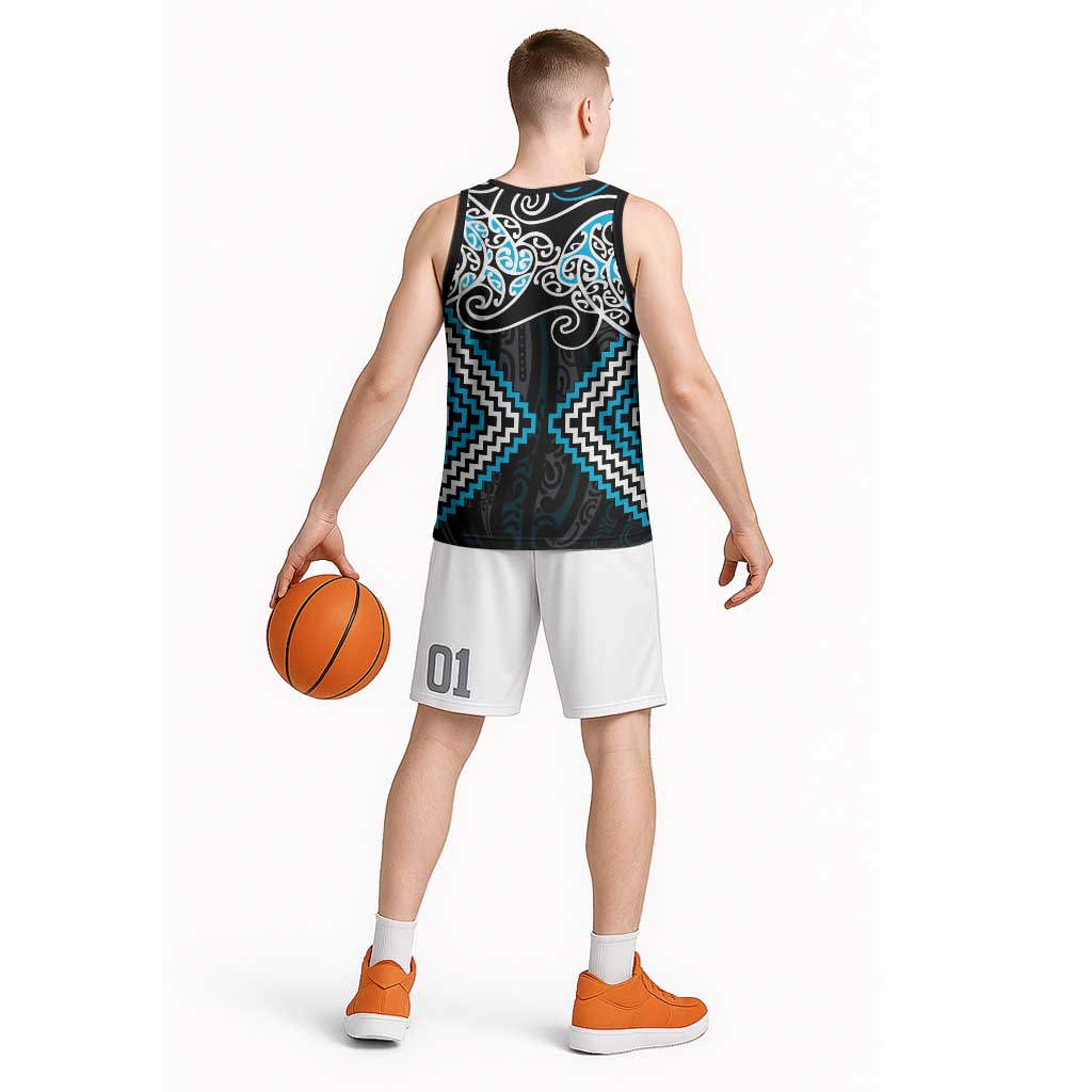 Blue Aotearoa Tukutuku Manawa Tapu Basketball Jersey Ta Moko Toi Maori - Polynesian Pride
