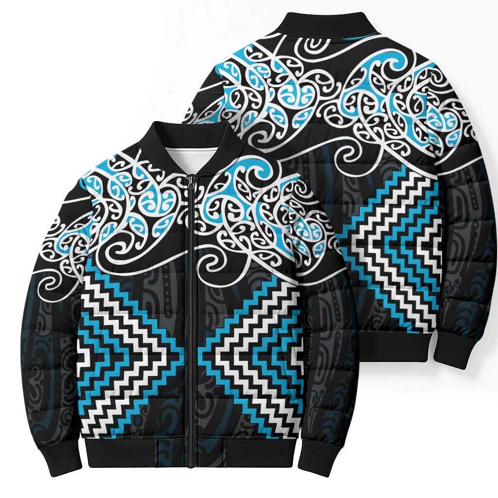 Blue Aotearoa Tukutuku Manawa Tapu Bomber Puffer Jacket Ta Moko Toi Maori - Polynesian Pride