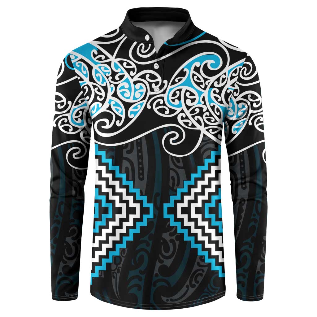 Blue Aotearoa Tukutuku Manawa Tapu Button Sweatshirt Ta Moko Toi Maori LT9 Blue - Polynesian Pride