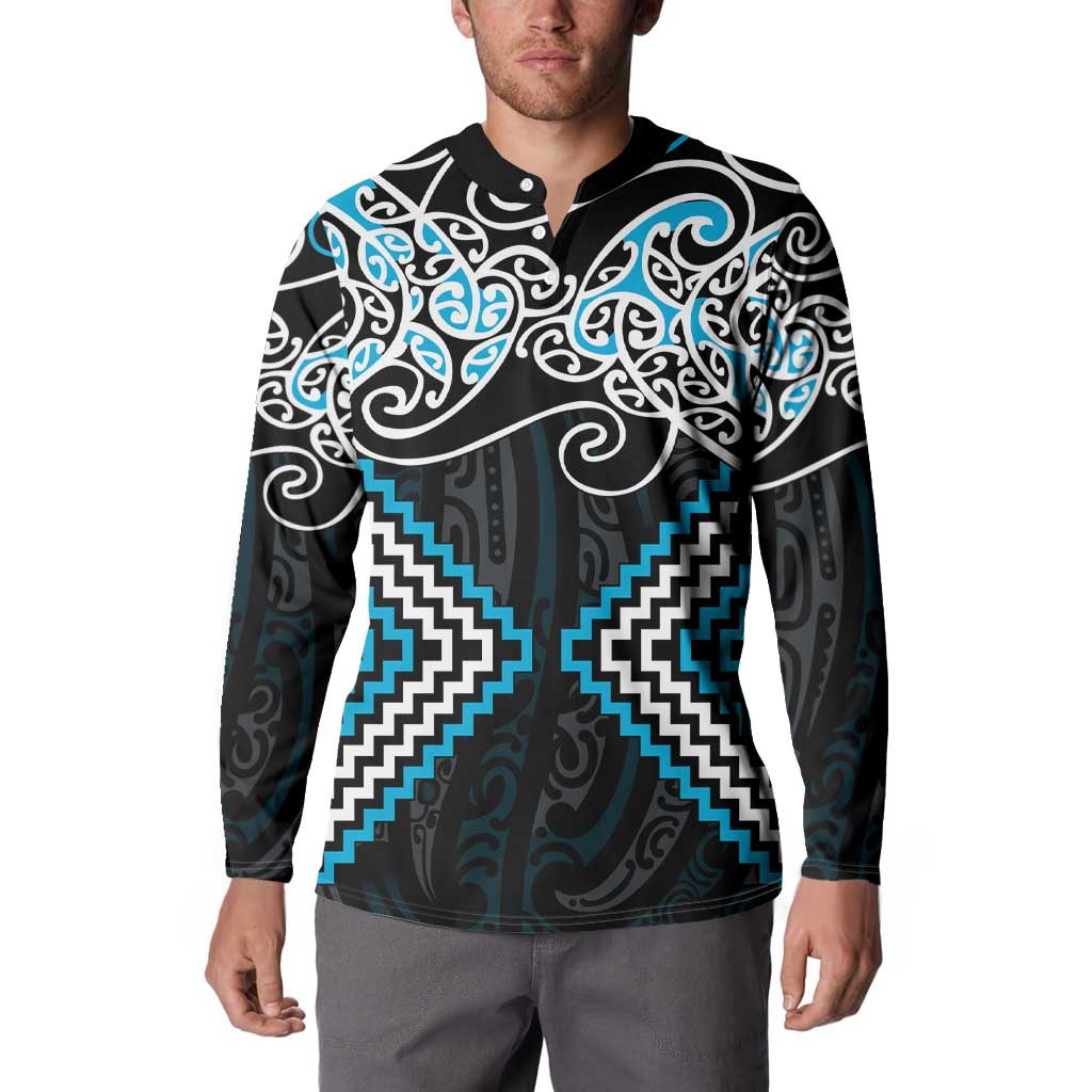 Blue Aotearoa Tukutuku Manawa Tapu Button Sweatshirt Ta Moko Toi Maori LT9 - Polynesian Pride