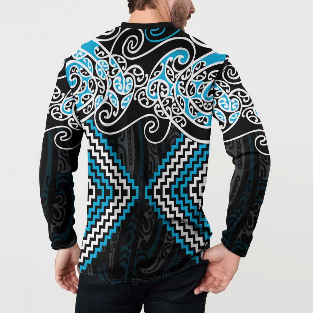 Blue Aotearoa Tukutuku Manawa Tapu Button Sweatshirt Ta Moko Toi Maori LT9 - Polynesian Pride