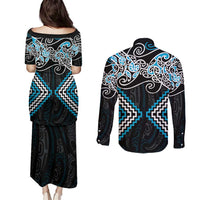 Blue Aotearoa Tukutuku Manawa Tapu Couples Matching Puletasi and Long Sleeve Button Shirt Ta Moko Toi Maori