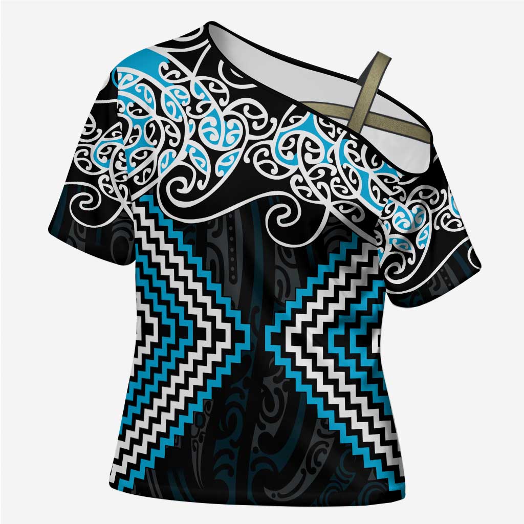 Blue Aotearoa Tukutuku Manawa Tapu Cross Shoulder Shirt Ta Moko Toi Maori - Polynesian Pride