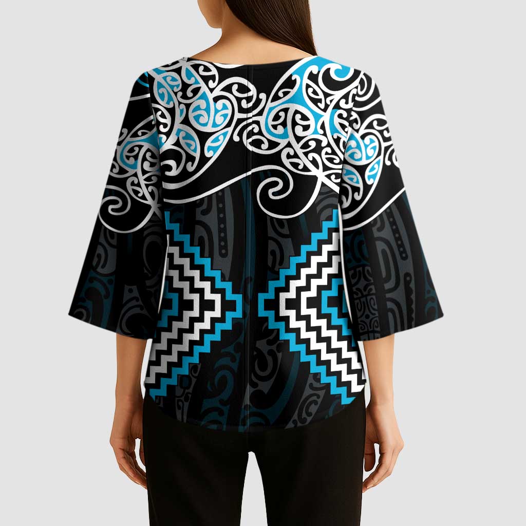 Blue Aotearoa Tukutuku Manawa Tapu Kimono Sleeve Blouse Ta Moko Toi Maori - Polynesian Pride