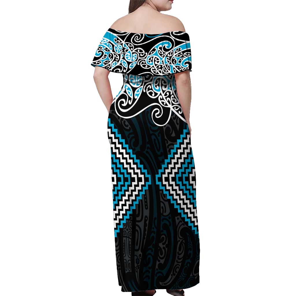 Blue Aotearoa Tukutuku Manawa Tapu Off Shoulder Maxi Dress Ta Moko Toi Maori