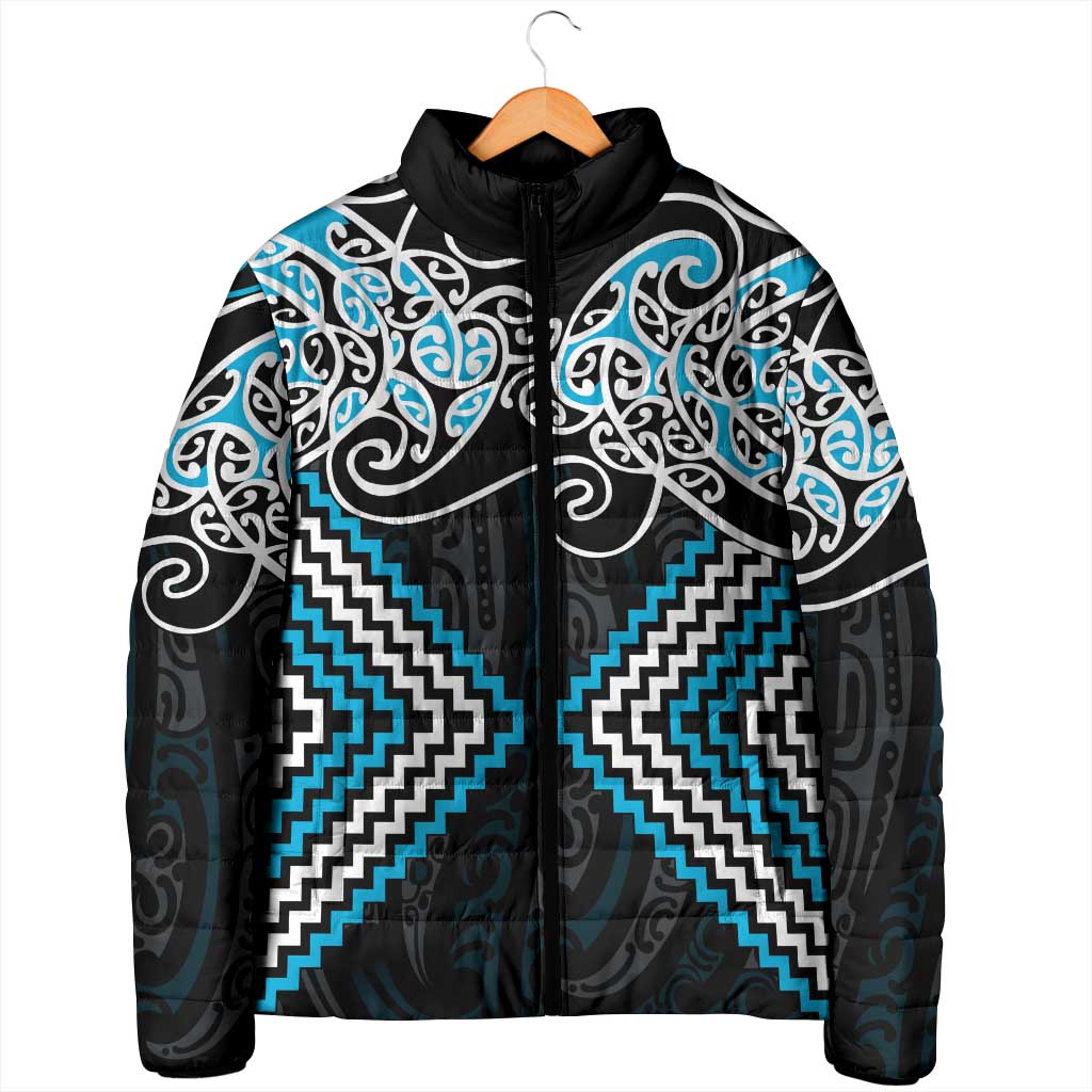 Blue Aotearoa Tukutuku Manawa Tapu Padded Jacket Ta Moko Toi Maori - Polynesian Pride