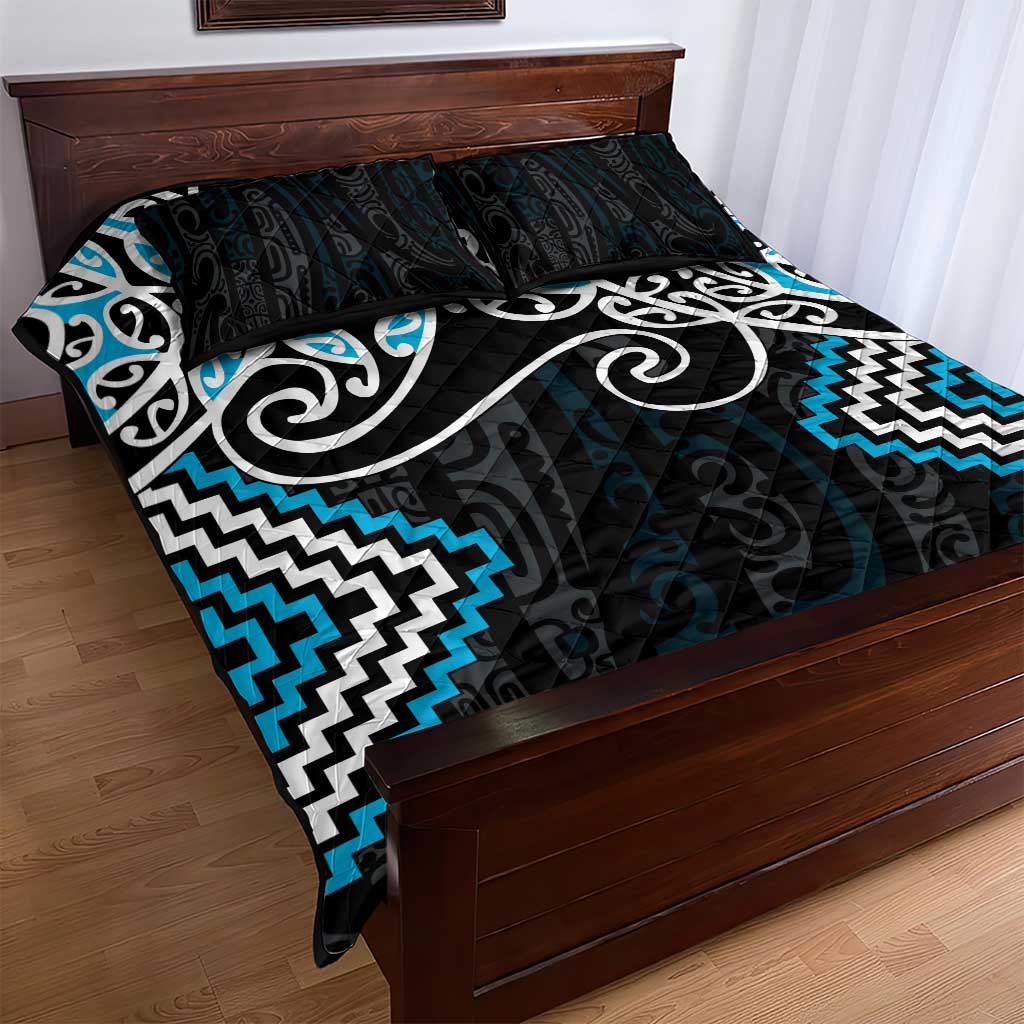 Blue Aotearoa Tukutuku Manawa Tapu Quilt Bed Set Ta Moko Toi Maori