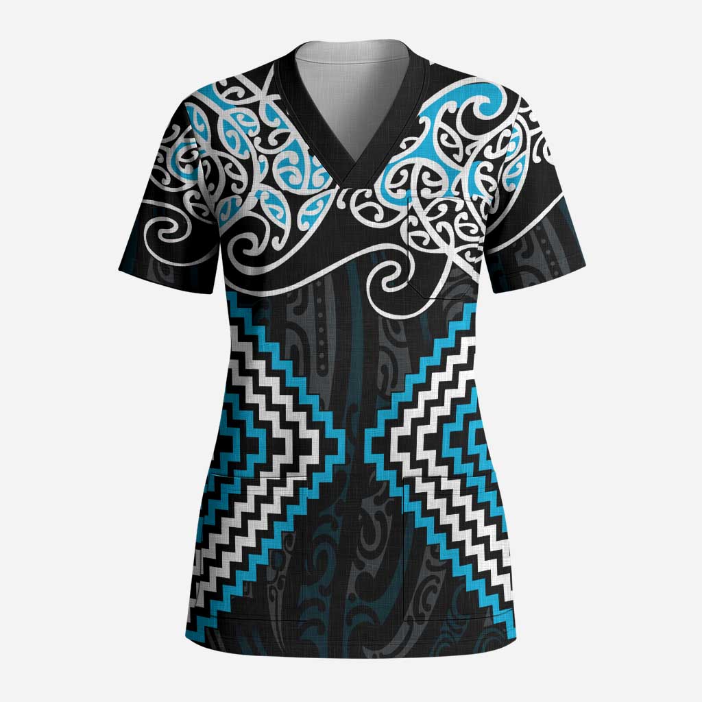 Blue Aotearoa Tukutuku Manawa Tapu Scrub Top Ta Moko Toi Maori - Polynesian Pride
