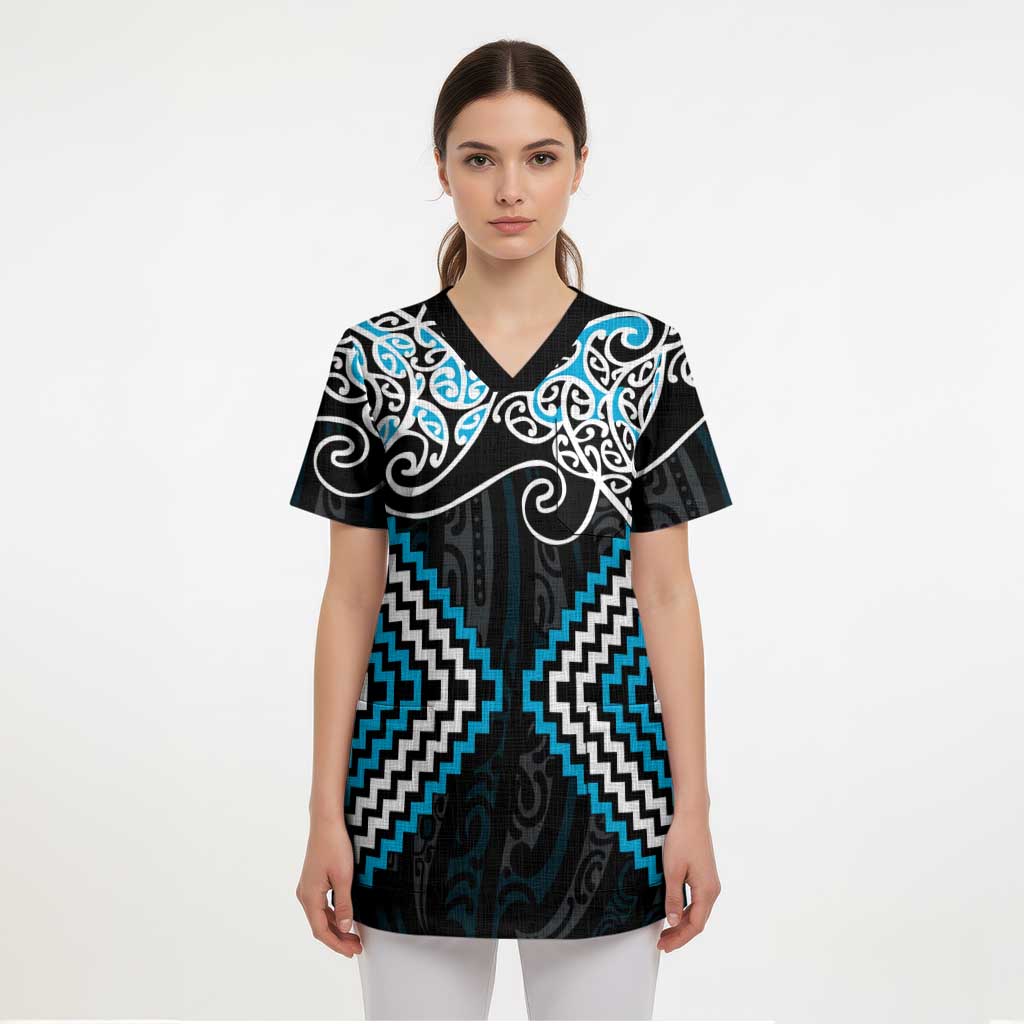 Blue Aotearoa Tukutuku Manawa Tapu Scrub Top Ta Moko Toi Maori - Polynesian Pride