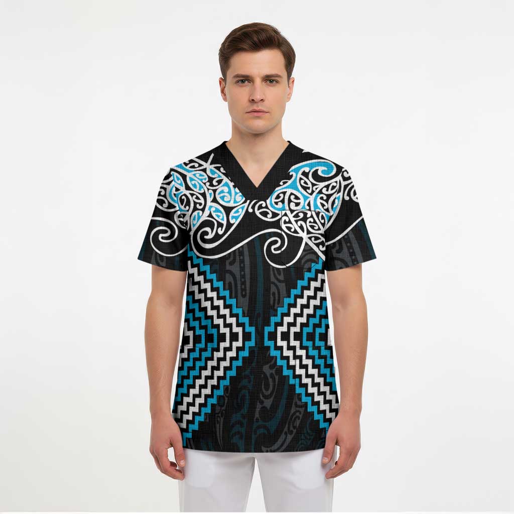 Blue Aotearoa Tukutuku Manawa Tapu Scrub Top Ta Moko Toi Maori - Polynesian Pride