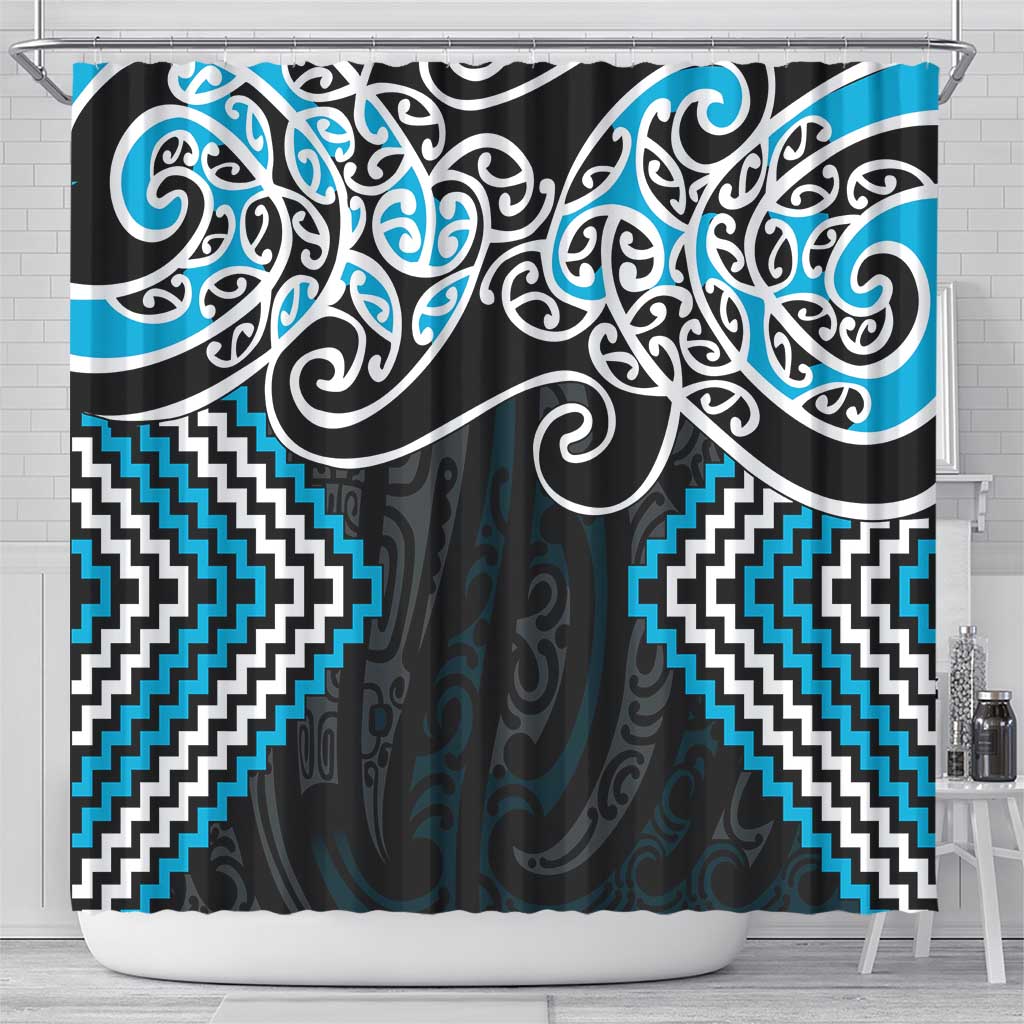 Blue Aotearoa Tukutuku Manawa Tapu Shower Curtain Ta Moko Toi Maori