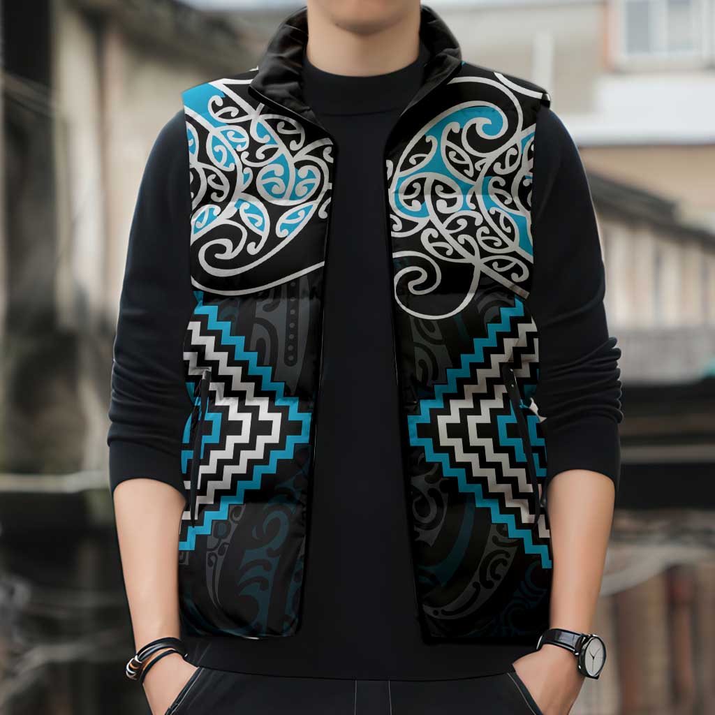 Blue Aotearoa Tukutuku Manawa Tapu Sleeveless Puffer Jacket Ta Moko Toi Maori - Polynesian Pride