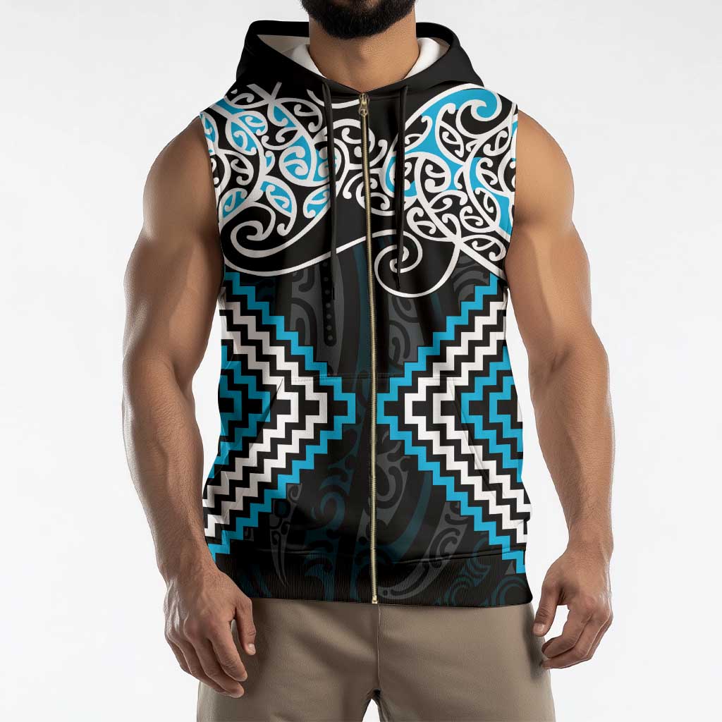 Blue Aotearoa Tukutuku Manawa Tapu Sleeveless Zip Hoodie Ta Moko Toi Maori - Polynesian Pride