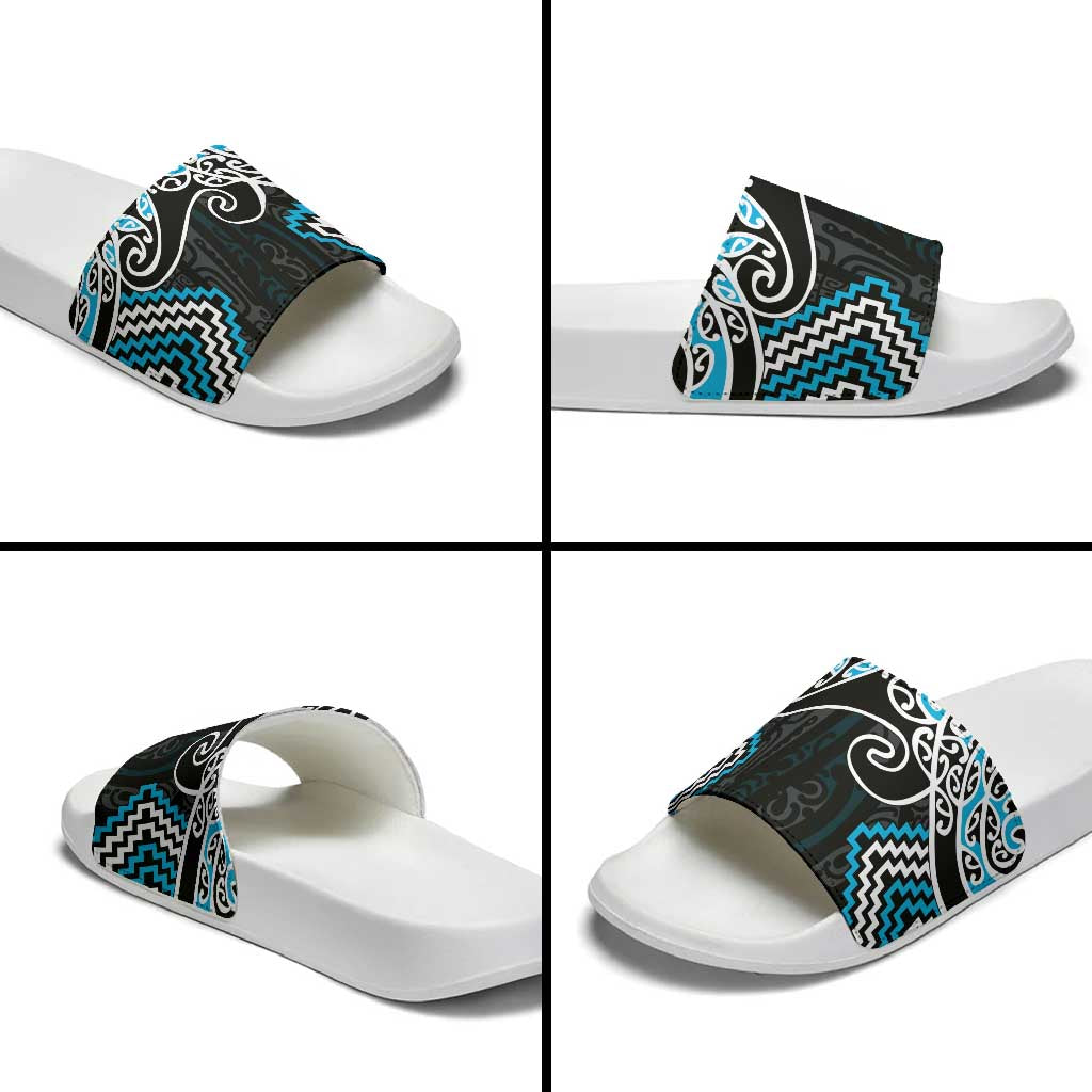 Blue Aotearoa Tukutuku Manawa Tapu Slide Sandals Ta Moko Toi Maori - Polynesian Pride