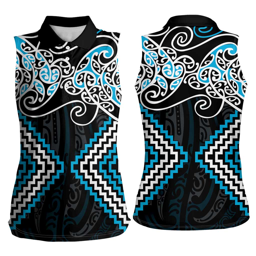 Blue Aotearoa Tukutuku Manawa Tapu Women Sleeveless Polo Shirt Ta Moko Toi Maori