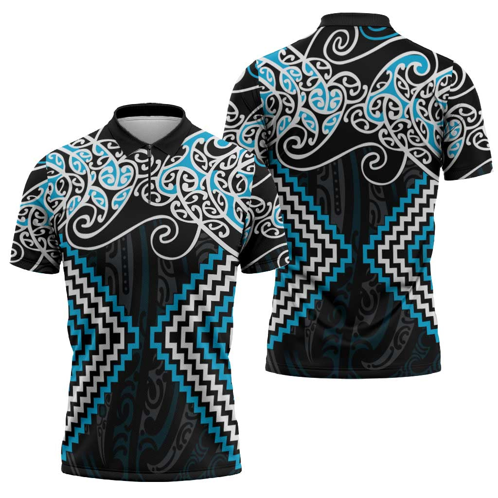 Blue Aotearoa Tukutuku Manawa Tapu Zipper Polo Shirt Ta Moko Toi Maori - Polynesian Pride