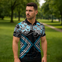 Blue Aotearoa Tukutuku Manawa Tapu Zipper Polo Shirt Ta Moko Toi Maori - Polynesian Pride