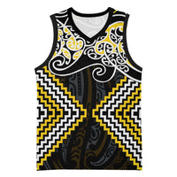 Gold Aotearoa Tukutuku Manawa Tapu Basketball Jersey Ta Moko Toi Maori - Polynesian Pride