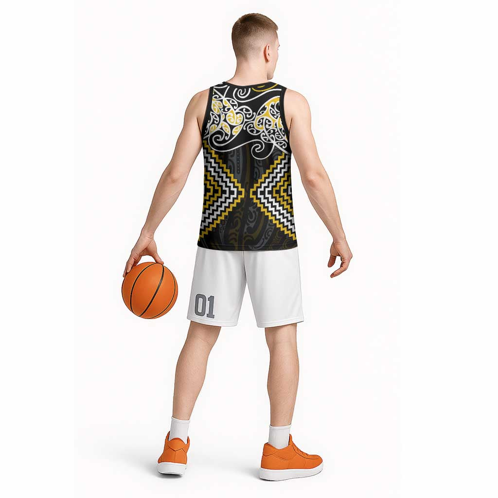 Gold Aotearoa Tukutuku Manawa Tapu Basketball Jersey Ta Moko Toi Maori - Polynesian Pride