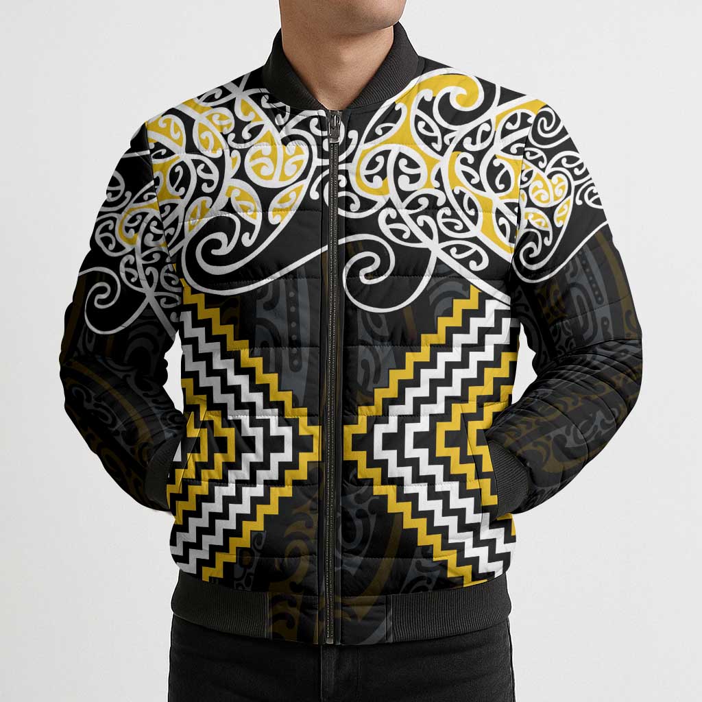 Gold Aotearoa Tukutuku Manawa Tapu Bomber Puffer Jacket Ta Moko Toi Maori - Polynesian Pride