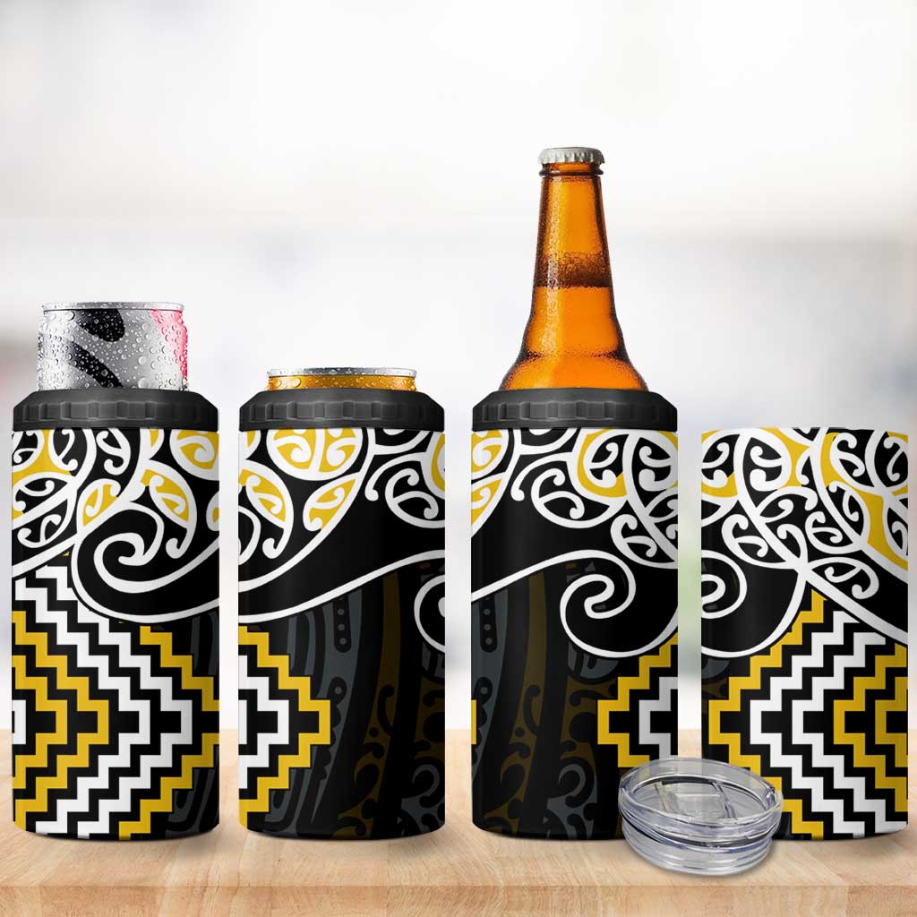Gold Aotearoa Tukutuku Manawa Tapu 4 in 1 Can Cooler Tumbler Ta Moko Toi Maori