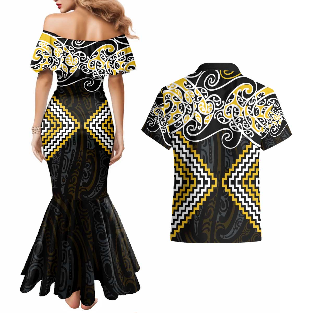 Gold Aotearoa Tukutuku Manawa Tapu Couples Matching Mermaid Dress and Hawaiian Shirt Ta Moko Toi Maori