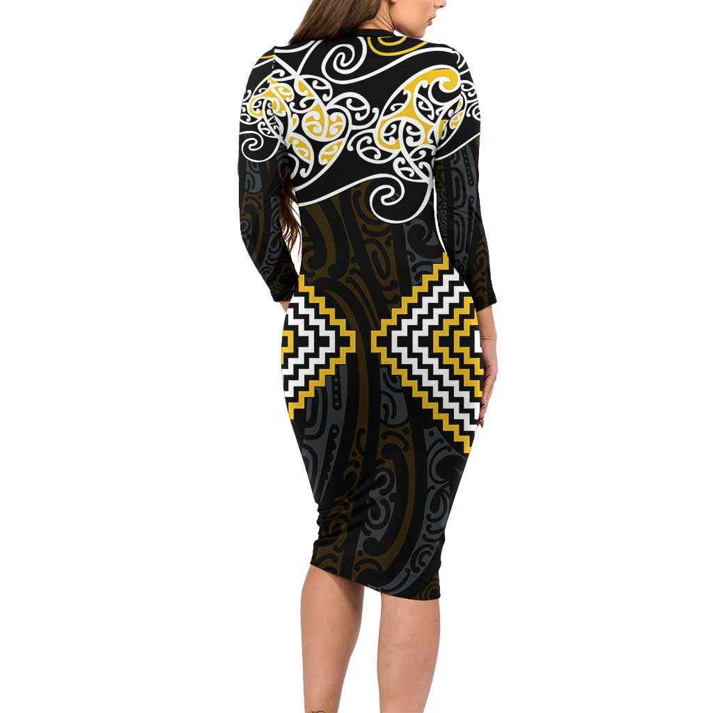 Gold Aotearoa Tukutuku Manawa Tapu Family Matching Long Sleeve Bodycon Dress and Hawaiian Shirt Ta Moko Toi Maori