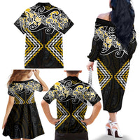 Gold Aotearoa Tukutuku Manawa Tapu Family Matching Off The Shoulder Long Sleeve Dress and Hawaiian Shirt Ta Moko Toi Maori
