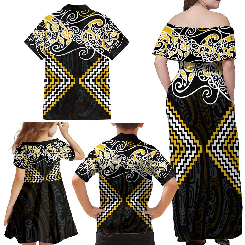 Gold Aotearoa Tukutuku Manawa Tapu Family Matching Off Shoulder Maxi Dress and Hawaiian Shirt Ta Moko Toi Maori