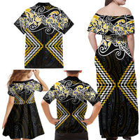 Gold Aotearoa Tukutuku Manawa Tapu Family Matching Off Shoulder Maxi Dress and Hawaiian Shirt Ta Moko Toi Maori