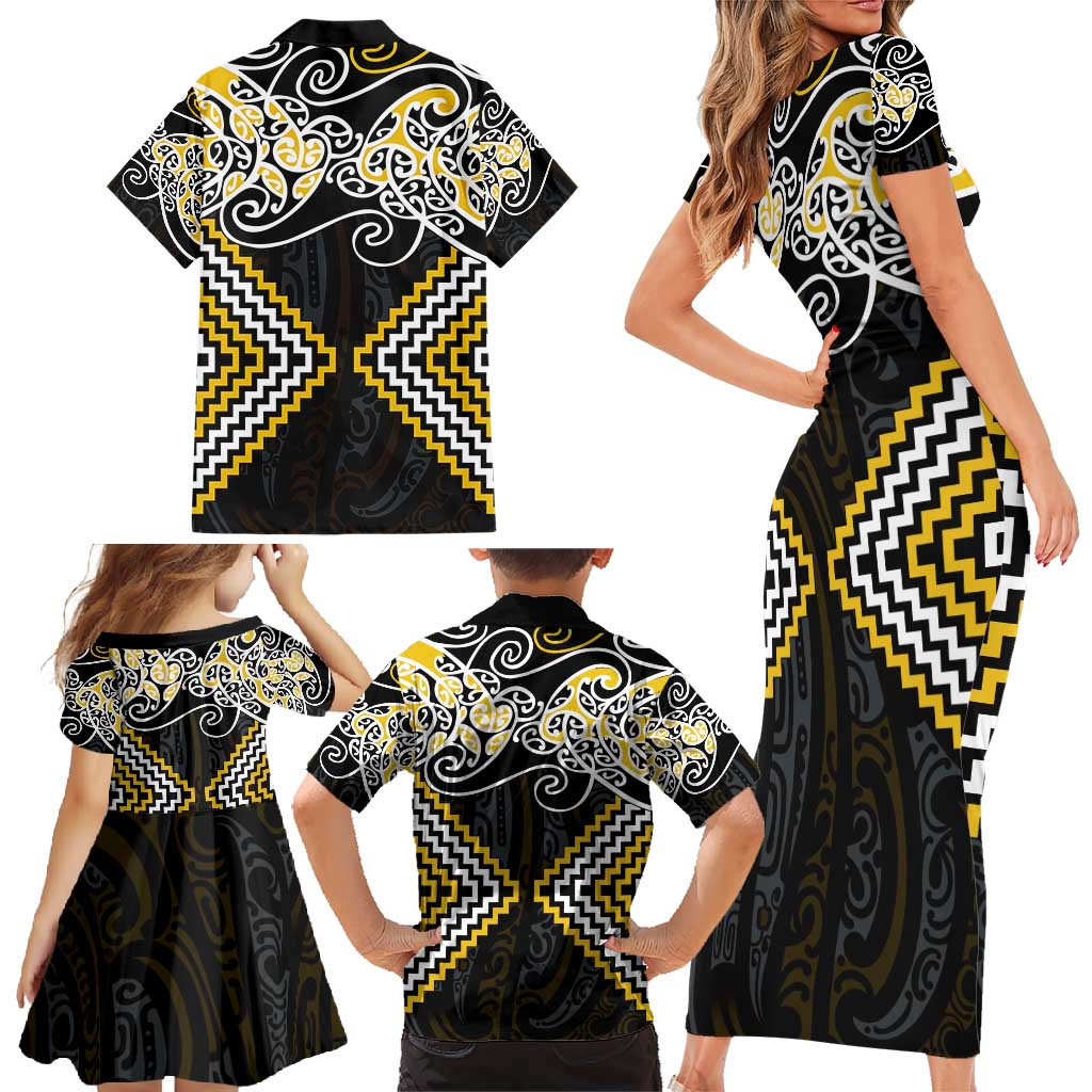 Gold Aotearoa Tukutuku Manawa Tapu Family Matching Short Sleeve Bodycon Dress and Hawaiian Shirt Ta Moko Toi Maori