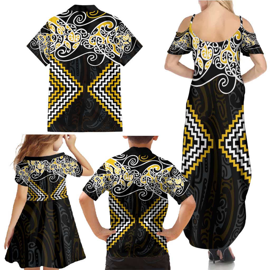 Gold Aotearoa Tukutuku Manawa Tapu Family Matching Summer Maxi Dress and Hawaiian Shirt Ta Moko Toi Maori