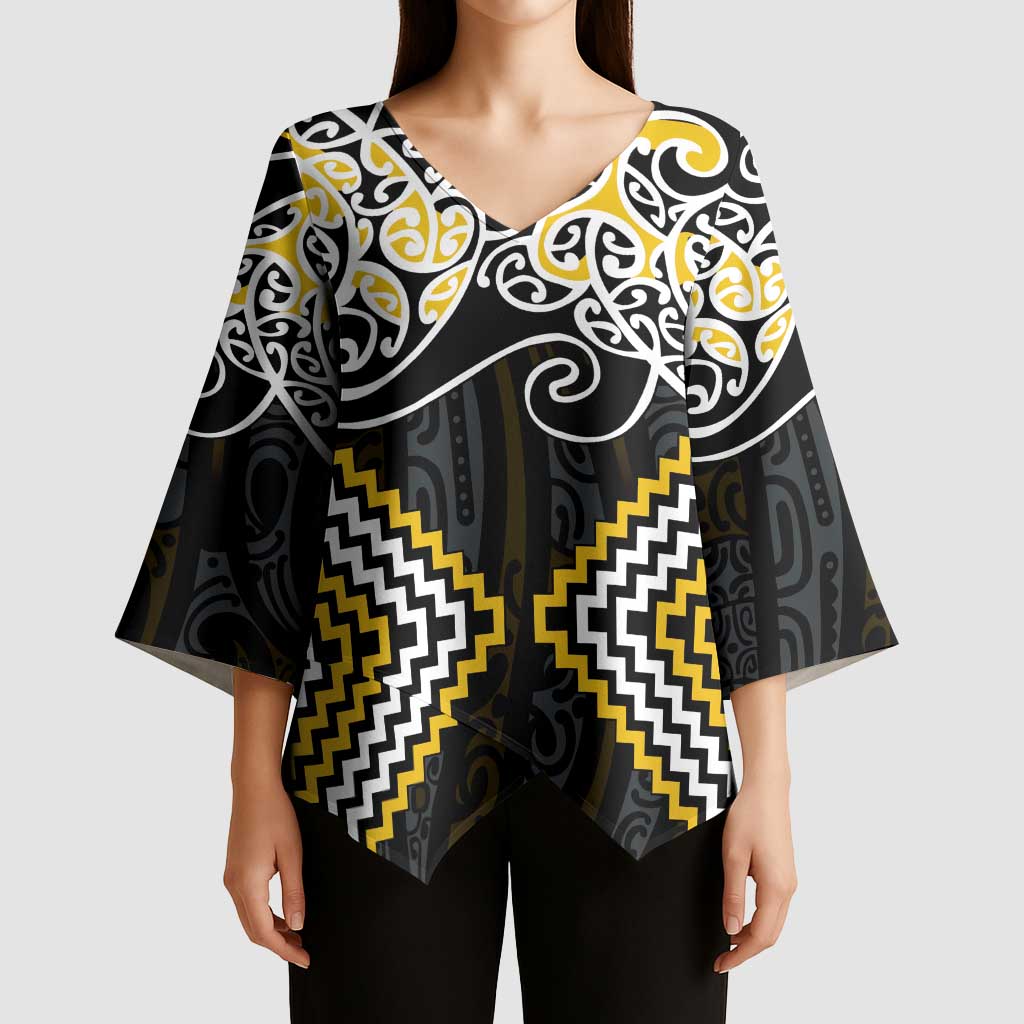 Gold Aotearoa Tukutuku Manawa Tapu Kimono Sleeve Blouse Ta Moko Toi Maori - Polynesian Pride