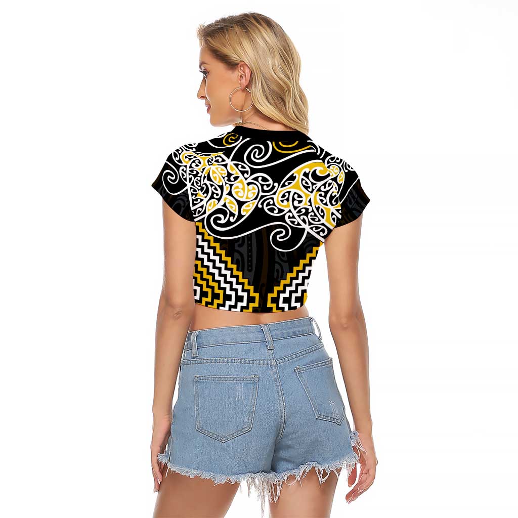 Gold Aotearoa Tukutuku Manawa Tapu Raglan Cropped T Shirt Ta Moko Toi Maori LT9 - Polynesian Pride