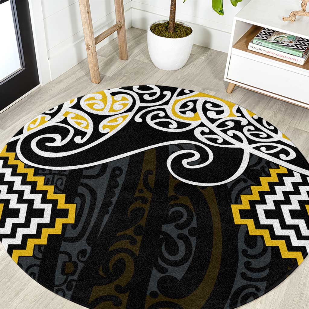 Gold Aotearoa Tukutuku Manawa Tapu Round Carpet Ta Moko Toi Maori LT9 Gold - Polynesian Pride