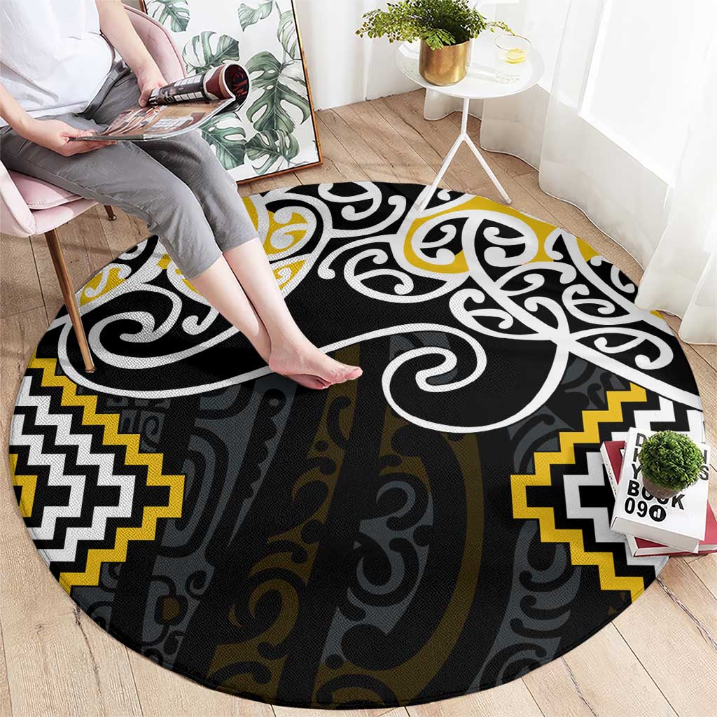 Gold Aotearoa Tukutuku Manawa Tapu Round Carpet Ta Moko Toi Maori LT9 - Polynesian Pride