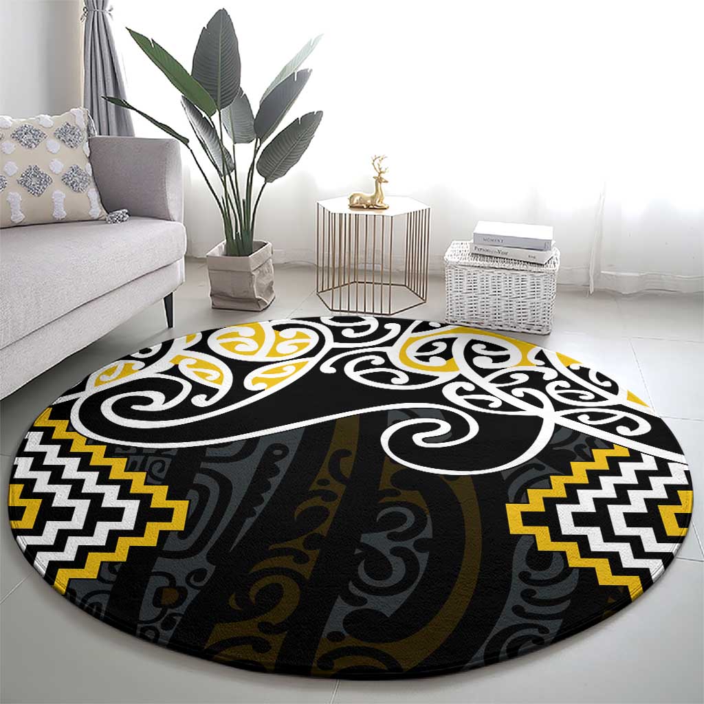 Gold Aotearoa Tukutuku Manawa Tapu Round Carpet Ta Moko Toi Maori LT9 - Polynesian Pride