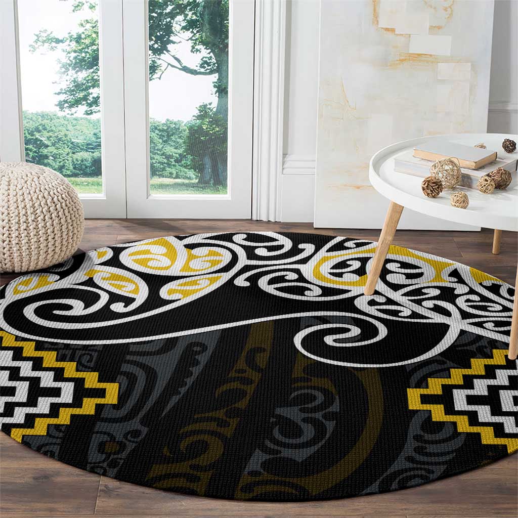 Gold Aotearoa Tukutuku Manawa Tapu Round Carpet Ta Moko Toi Maori LT9 - Polynesian Pride