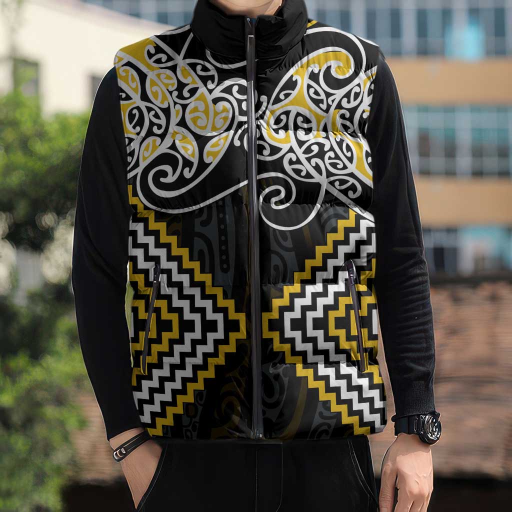 Gold Aotearoa Tukutuku Manawa Tapu Sleeveless Puffer Jacket Ta Moko Toi Maori - Polynesian Pride