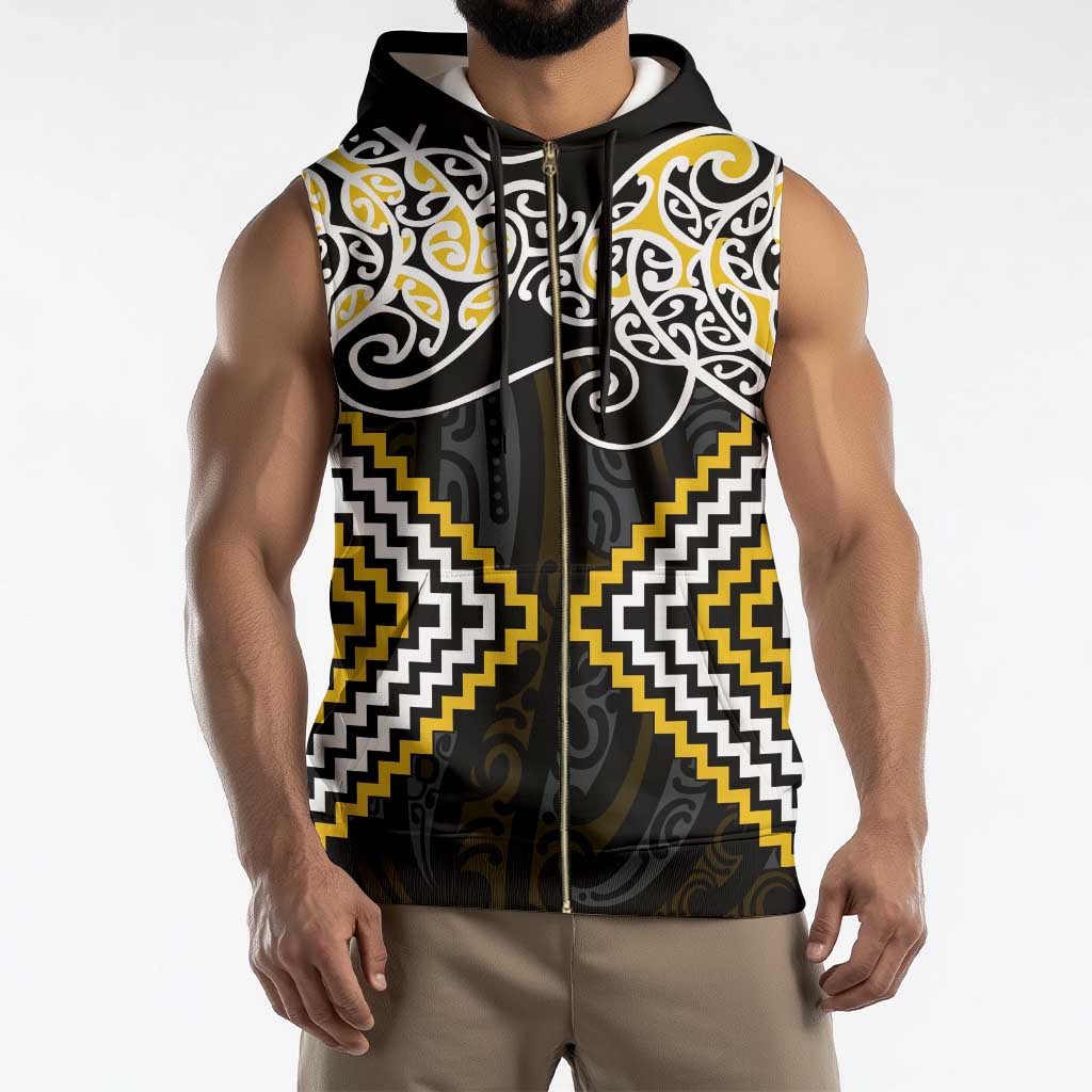 Gold Aotearoa Tukutuku Manawa Tapu Sleeveless Zip Hoodie Ta Moko Toi Maori - Polynesian Pride