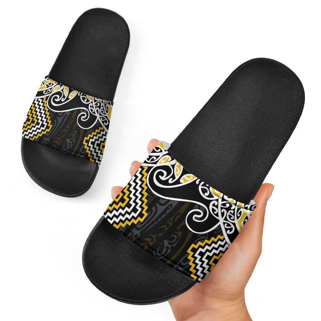 Gold Aotearoa Tukutuku Manawa Tapu Slide Sandals Ta Moko Toi Maori - Polynesian Pride